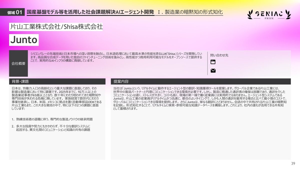 GENIAC-PRIZE 2025年度成果カタログの、​片山工業と​Shisaに​よる​Juntoの​ページ