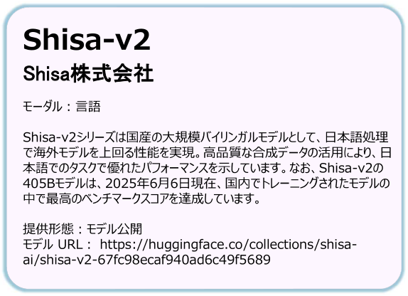 NEDOの​GENIAC-PRIZE 2025年度モデル概要に​掲載された​Shisa-v2の​項目。​開発者は​Shisa株式会社